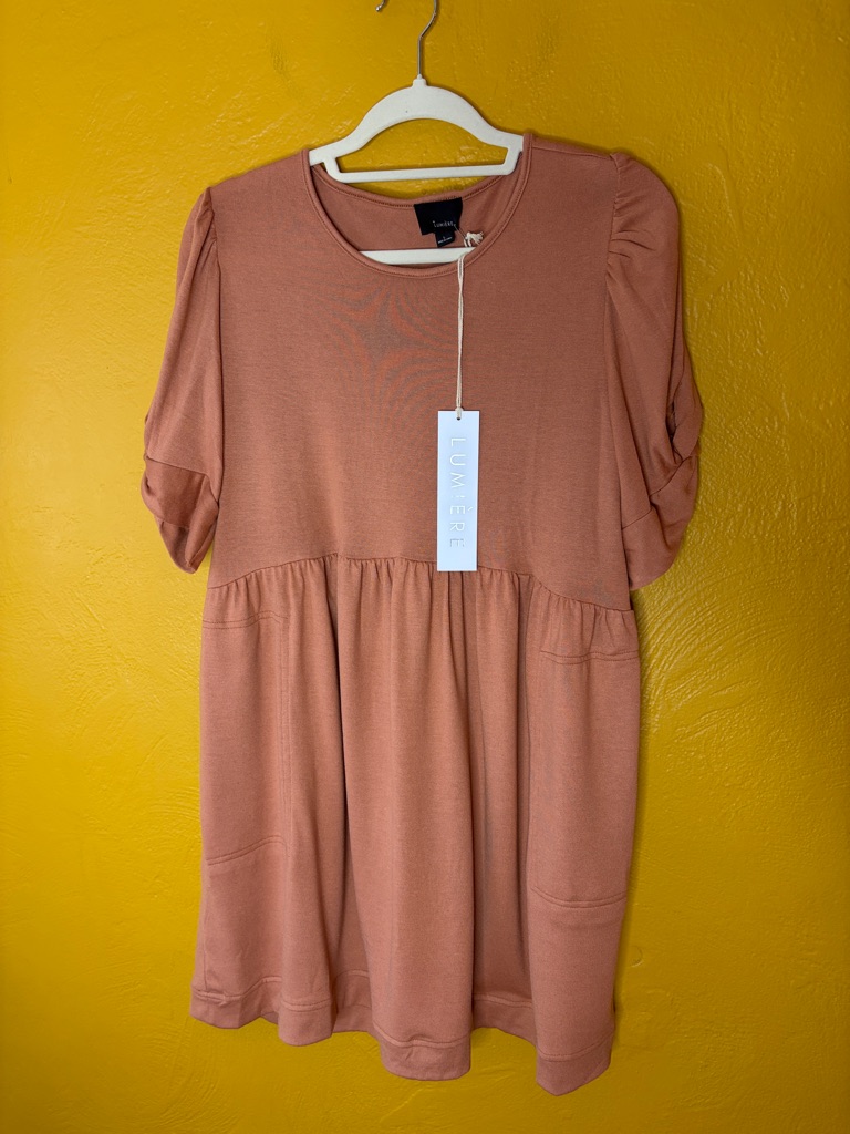 Nwt Lumiere Rosewood Mauve Babydoll Mini Dress Puff Sleeve Pockets L